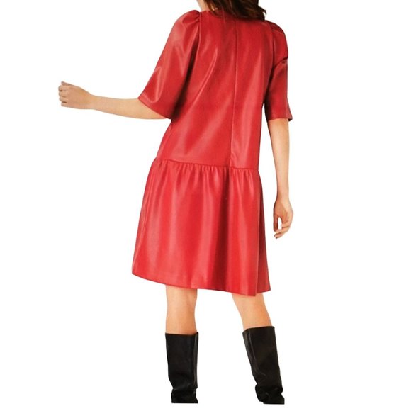Ann Taylor 8 Red Faux Leather Drop Waist Peplum Shift Dress - Picture 2 of 8